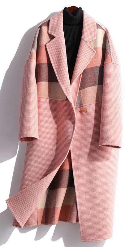 Elegant Pink Plaid Wool Coat Oversize Medium Length Jackets Fall Coats