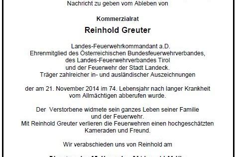 Landes Feuerwehrkommandant A D Reinhold Greuter Sen Verstorben