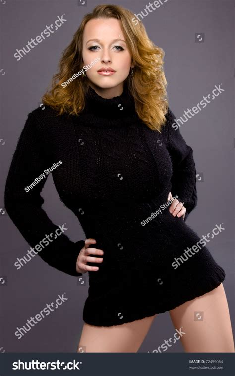 Sexy Voluptuous Blonde Woman Black Sweater Stock Photo 72459064