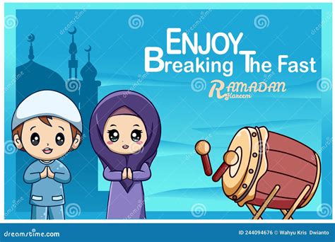 Muslim Girl and Boy with Happy Fasting in Ramadan Kareem Board Cartoon ...