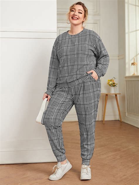 Shein Mulvari Plus Plaid Drop Shoulder Pullover And Sweatpants Shein Usa