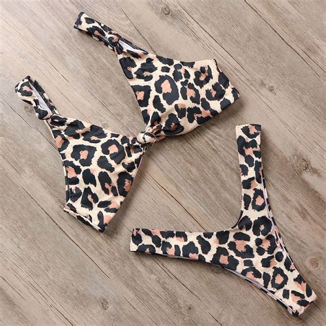 2019 Sexy Leopard Thongs Bikini Off Shoulder Swimwear Women Bandage Bathing Suit High Cut