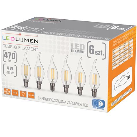 6x Żarówka Led E14 Świeczka 4w 40w Filament 470lm Ozdobna Brak