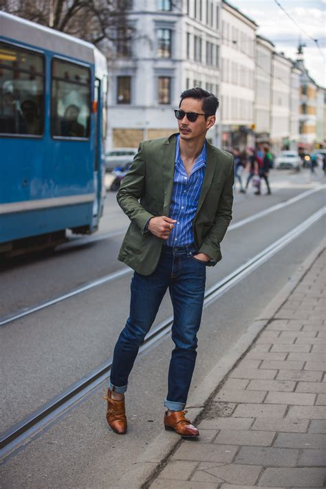 Blazer Striped Dress Shirt Cuffed Jeans Double Monk Strap Shoes