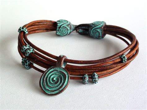 Multi Strand Light Brown Leather Bracelet With Copper Patina Etsy