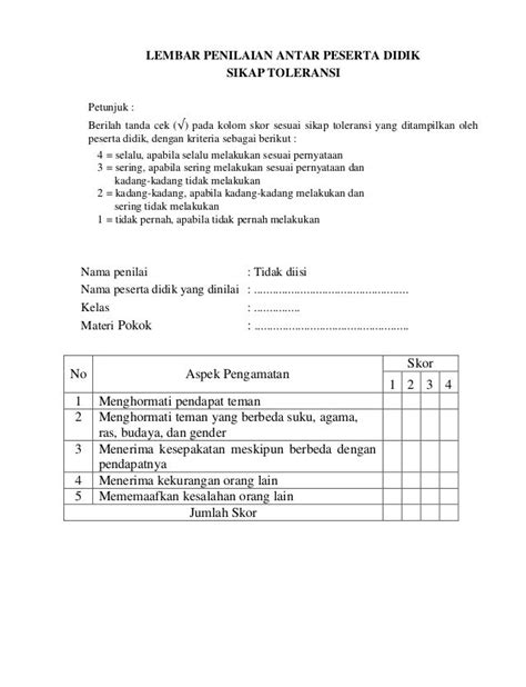 Contoh Format Penilaian Diri Penilaian Antar Peserta Didik Dan Images