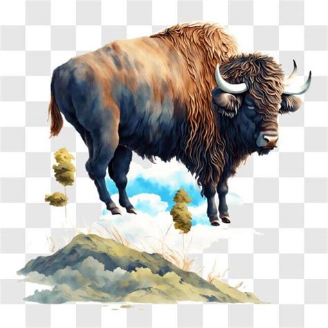 Download Large Bison Standing on Grassy Hill with Trees and Clouds PNGs ...