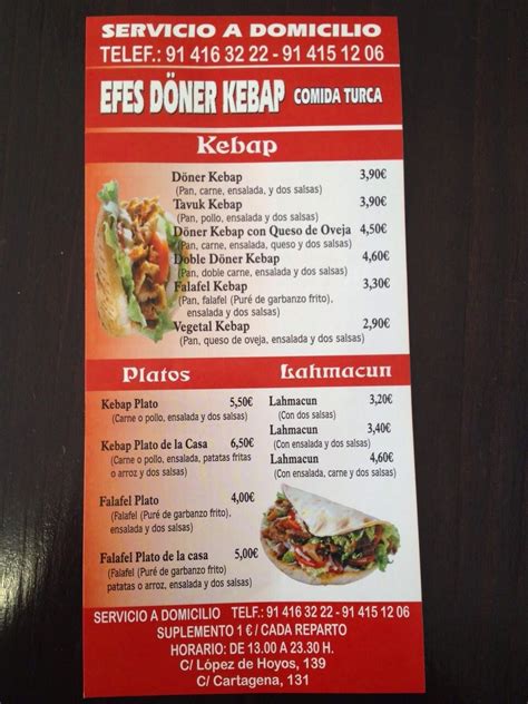 Menu At Efes Doner Kebap Restaurant Madrid