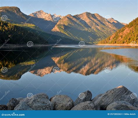 Bitterroot Mountains Reflected In Lake Como Montana Stock Image