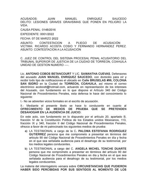 Introducir 40 Imagen Modelo De Contestacion De Acusacion Penal En