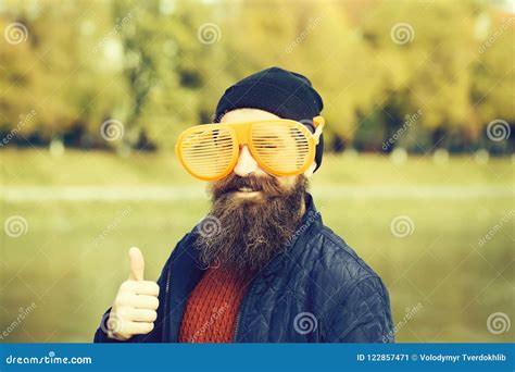 Bearded Man In Orange Eyeglasses Stock Image Image Of Satisfaction