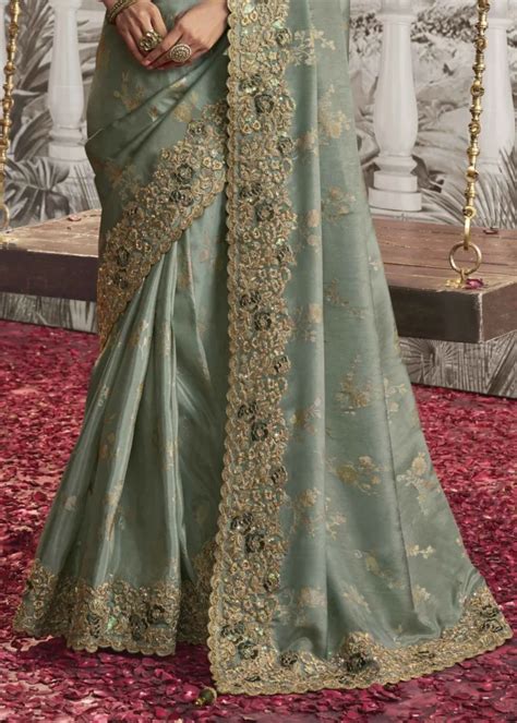 Sage Green Embroidered Silk Saree Urban Womania