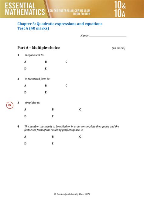 Chapter Test 05a Maths Practice Question Chapter 5 Quadratic Expressions And Equations Test