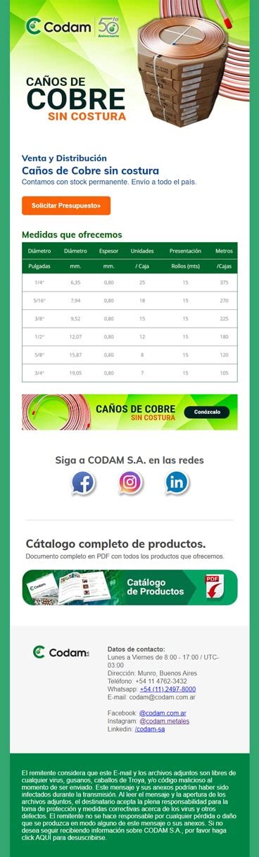 Caños de Cobre sin costura Codam S A