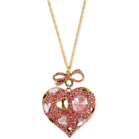 Betsey Johnson Goldtone Pink Crystal Heart Pendant Long Necklace In