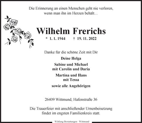 Traueranzeigen Von Wilhelm Frerichs Nordwest Trauer De