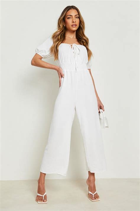 Linen Look Puff Sleeve Culotte Jumpsuit Boohoo Uk