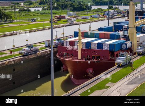 Ship Crossing Panama Canal Being Lowered At Miraflores Locks Panama