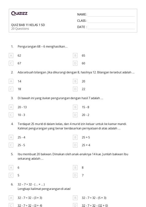 50 Lembar Kerja Pengurangan Dalam 20 Untuk Kelas 1 Di Quizizz Gratis And Dapat Dicetak