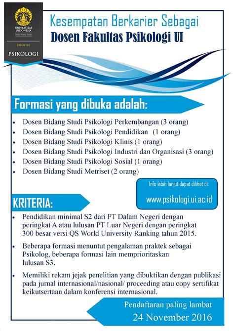 Lowongan Dosen Psikologi Universitas Indonesia Ui Indonesia 2016