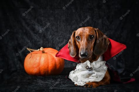 Premium Photo | Red dachshund in halloween vampire costume