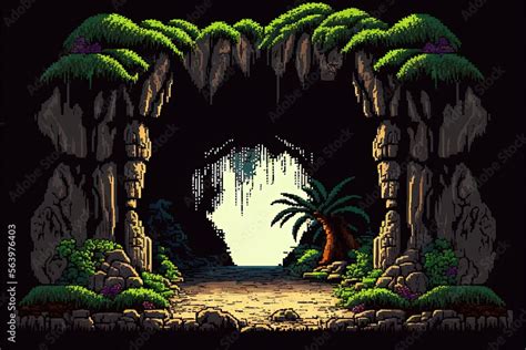 Pixel art cave entrance, natural tunnel with rocks, trees and ...