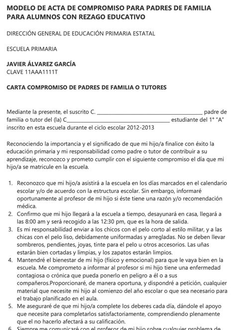 Formato De Carta De Compromiso Para Padres De Familia