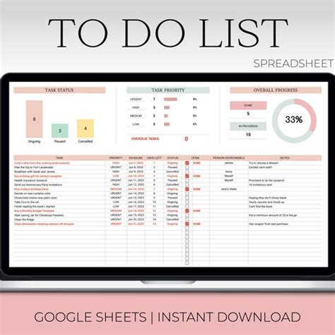 Digital To Do List And Task Tracker Google Sheets To Do List Etsy