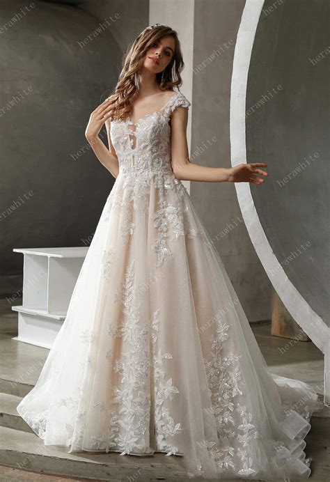 Illusion Neckline Beaded Lace A Line Wedding Dress Bridal Australia™