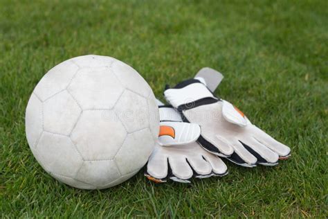 Goalkeeping Gloves And Football On Pitch Stock Photo Image Of People