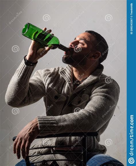 Drunk Man Drinking Wine Depressed Guy With Bottle Alcohol Abuse In Addiction And Alcoholism