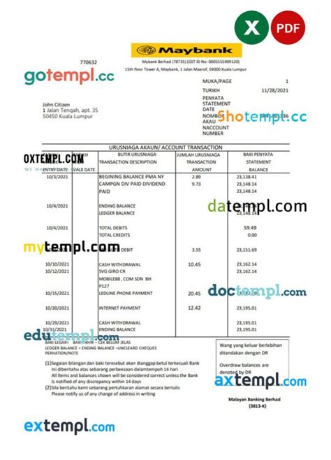 Malaysia Maybank Banking Statement Easy To Fill Template In Xls And