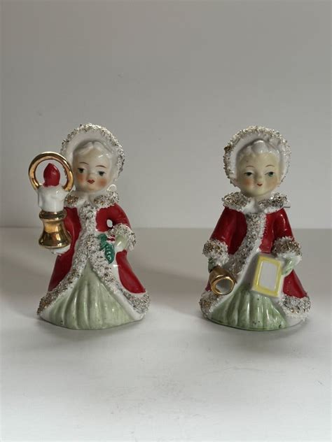 2 Vintage Ucagco Ceramic Christmas Angel Figures Red Coat Gold Candle