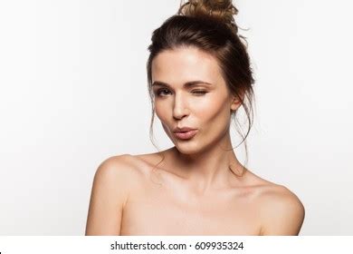 Happy Brunette Woman Naked Shoulders Sends Stock Photo Shutterstock