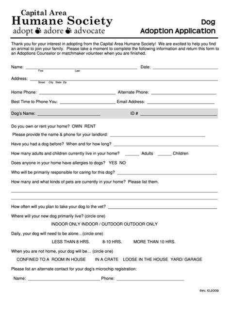 Dog Adoption Application - Capital Area Humane Society printable pdf ...