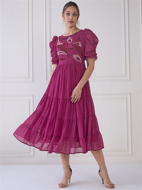 Buy Antheaa Embroidered Round Neck Puff Sleeve Fit And Flare Midi Dress