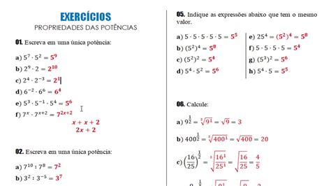 Exercícios Propriedades Potenciação 7 Ano