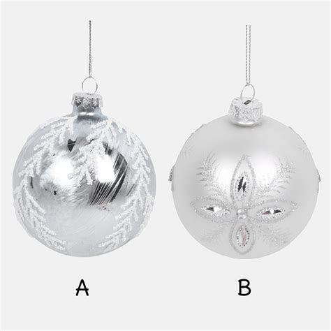 80mm Glass Shiny And Matt Silver Glitter Christmas Tree Bauble