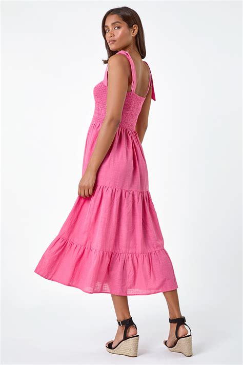 Pink Shirred Tie Cotton Tiered Midi Dress Roman Uk