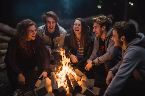 Gruppe von menschen nachts an der feuerstelle sitzen und gespräche