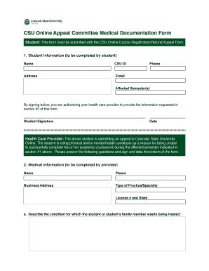 Fillable Online Csu Online Appeal Committee Medical Documentation Form