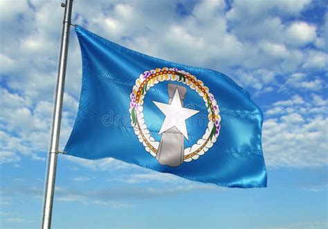 Northern Mariana Islands Flag Waving With Sky On Background Realistic 3d Illustration Stock