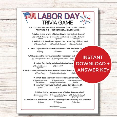 Labor Day Trivia Game Printable Labor Day Party Game Fun Labor Day