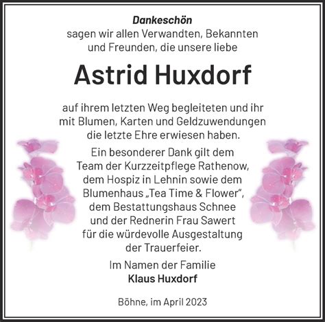 Traueranzeigen von Astrid Huxdorf Märkische Onlinezeitung Trauerportal