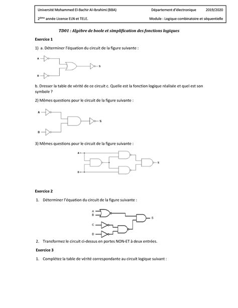 TD1 Solution Logique combinatoire et séquentielle TD01 AlgËbre de