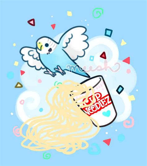 A Blue Bird With Long Blonde Hair Flying Next To A Jar Of Ramen Noodles