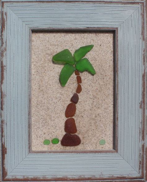 Real Sea Beach Glass Art Nautical Decor Palm Tree Sea Glass