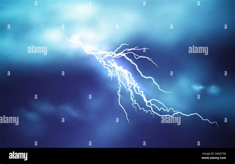 Realistic Lightning effect isolated on a dark blue cloudy sky background. Vector illustration ...