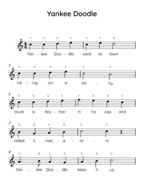 Yankee Doodle Easy Piano Sheet Music, Digital Downloadable Musical ...