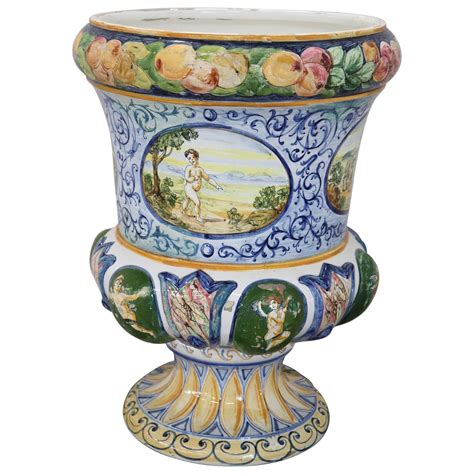 Th Century Italian Hand Painted Ceramic Vase With Column By